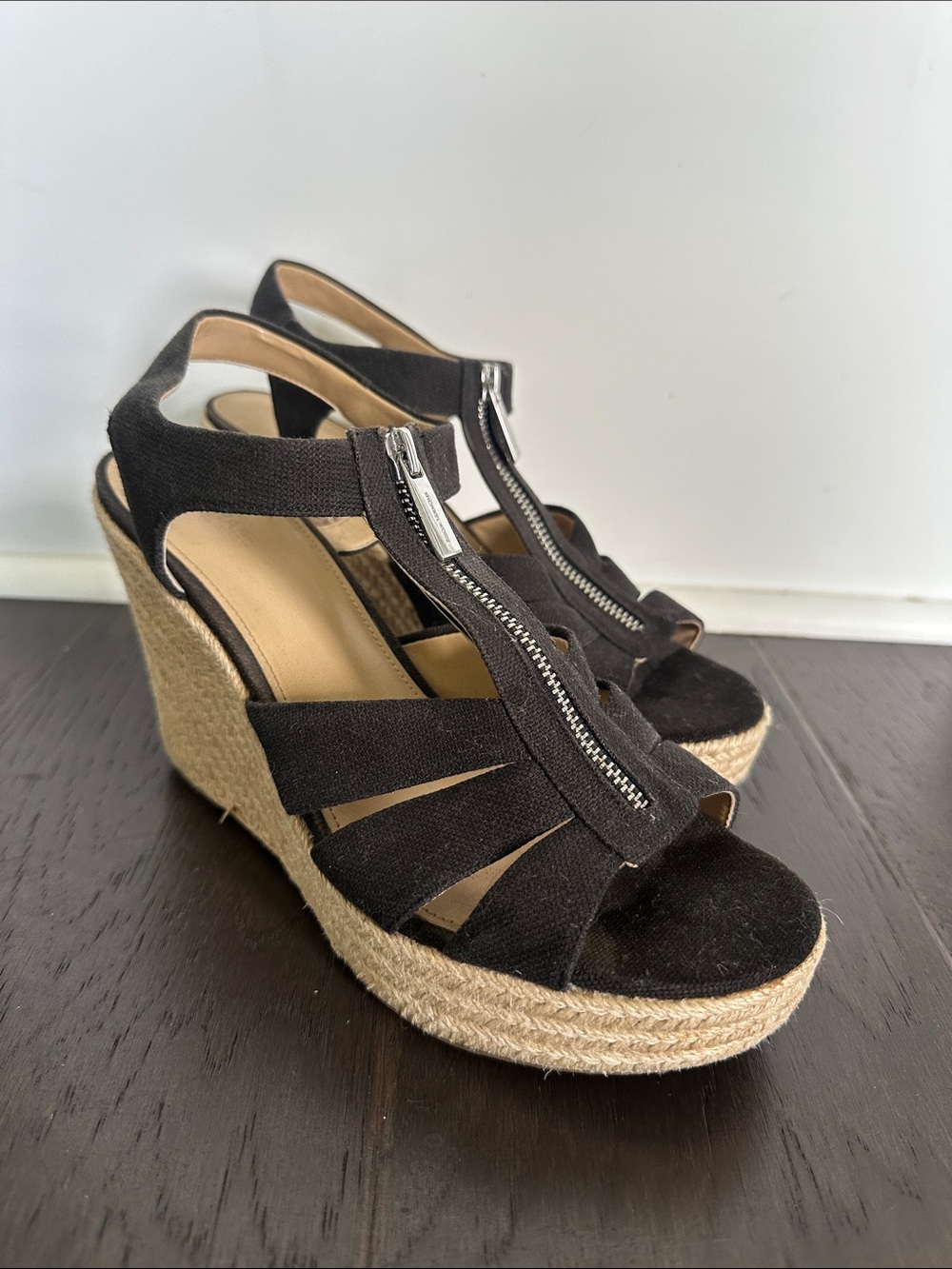 Michael Kors Black Espadrille Wedge Sandals with Front Zipper